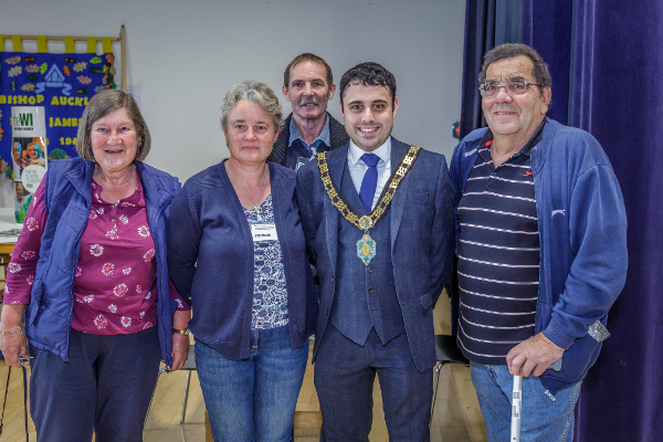 Mayor of Bishop Auckland with Joan Hogg (left) Liz Drake, Chris Davidson and Trevor Hogg (right), who helped to organise the Horticultural Show