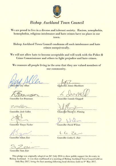 Bishop Auckland Town Council Diversity Statement signed by Town Councillors