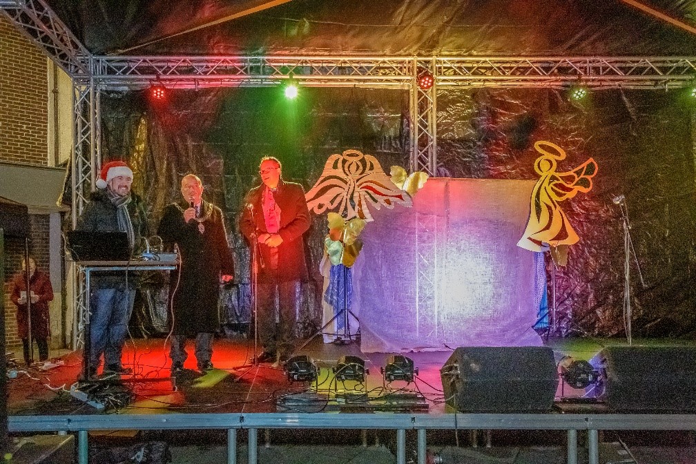 Mayor David Fleming on Stage at the Bishop Auckland Christmas event