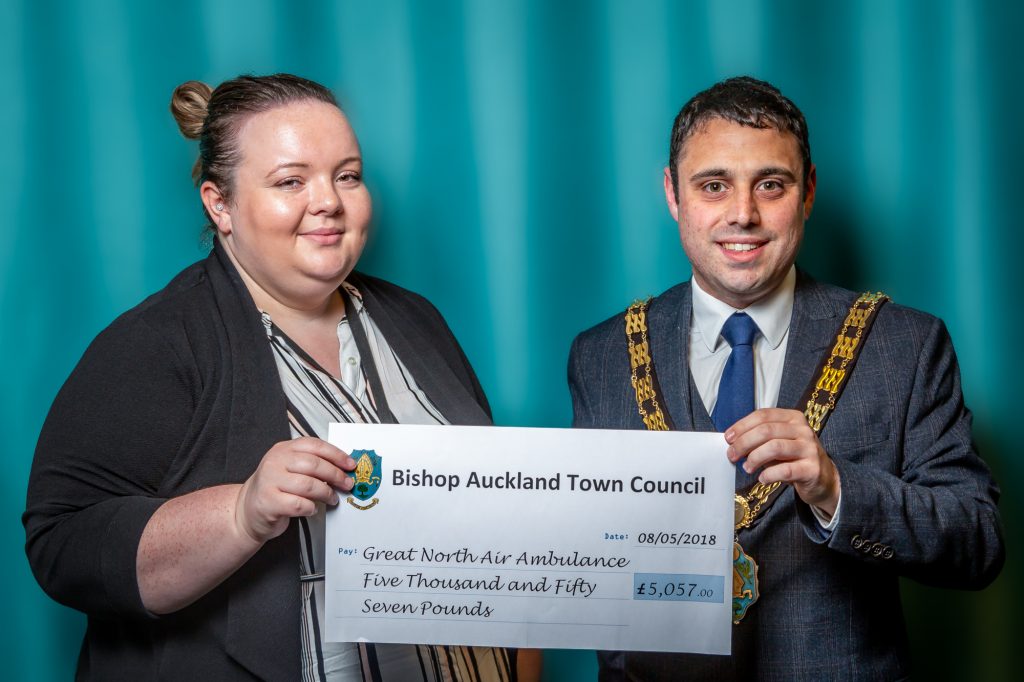 Mayor Adam Zair presenting end of Mayoral year donation of £5057 to the Great North Air Ambulance