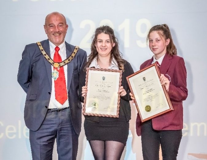 Mayor David Fleming presenting Special Awards to Chloe and Simone Toward