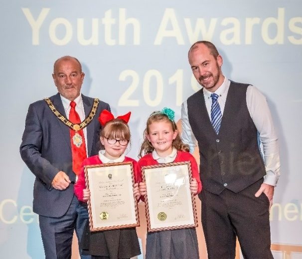 Mayor David Fleming and Councillor Lee Brownson, presenting Special Awards to Lilly Lockey and Evangeline-Lilli Mitchell