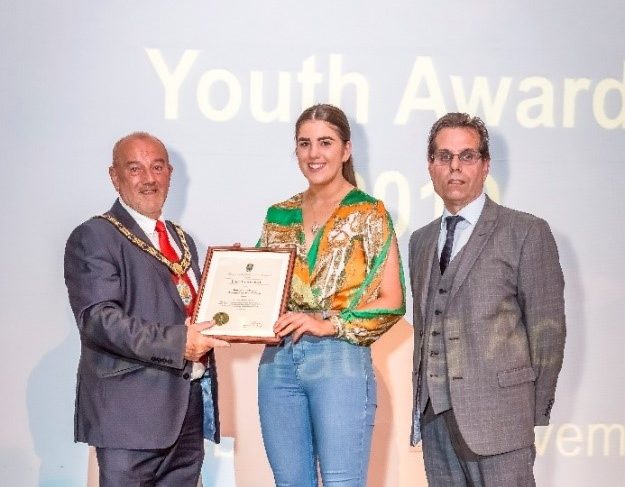 Mayor David Fleming and Councillor Sam Zair, presenting Special Award to Lucy Capenhurst