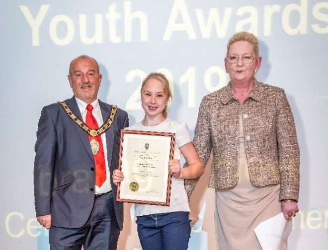 Mayor David Fleming and Councillor Leanda Chappell, presenting Special Award to Mia Marshall