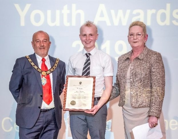 Mayor David Fleming and Councillor Leanda Chappell, presenting Special Award to Nic Cooper