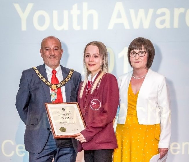 Mayor David Fleming and Councillor Lesley Zair, presenting Special Award to Sophie Sharp