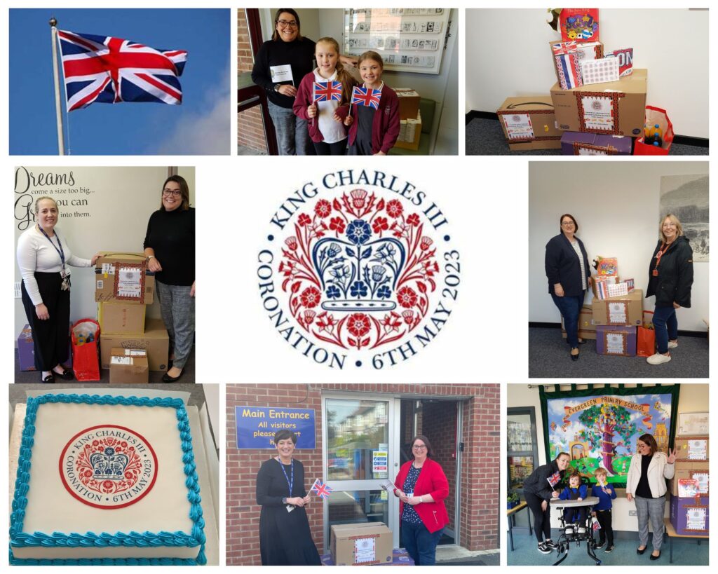 King Charles III Coronation Celebrations Photo Collage, Union Jack on Flagpole, Party Boxes Supplies dropped off to Local Schools, White Coronation Cake with Blue Icing.