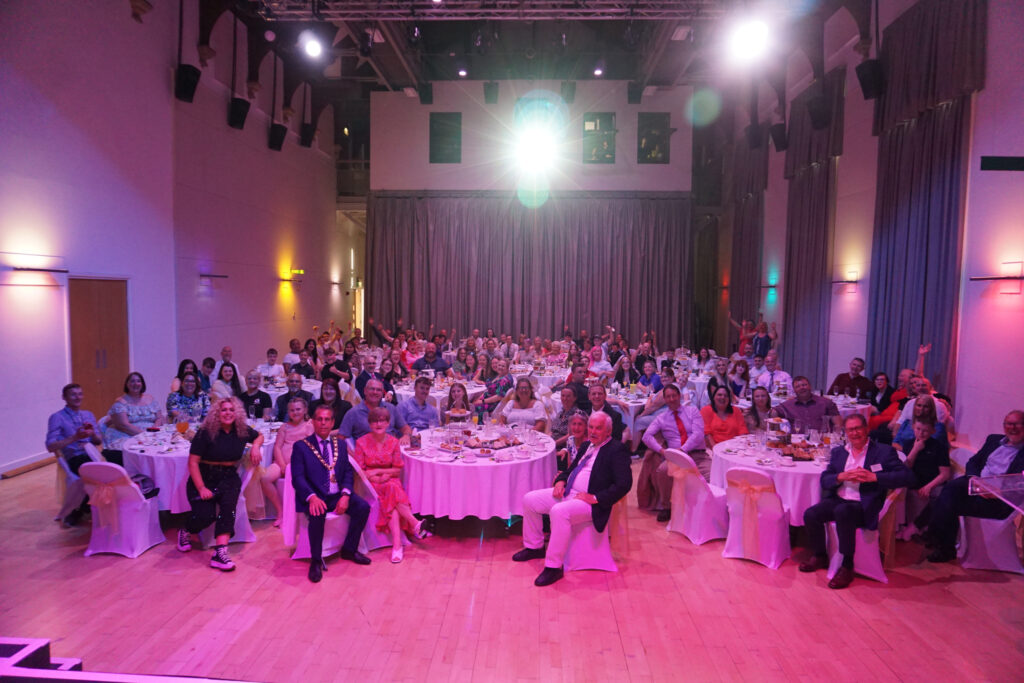 Group Photograph of all attendees at Youth Awards 2023 in Bishop Auckland Town Hall.