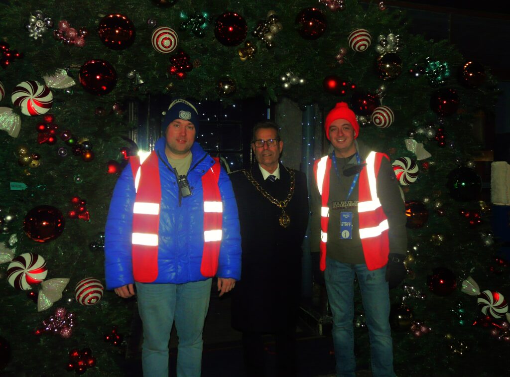 Thomas Wales of Baccanalia CIC with Mayor of Bishop Auckland, Councillor Sam Zair and Ben Tinkler of Bridge Creative.