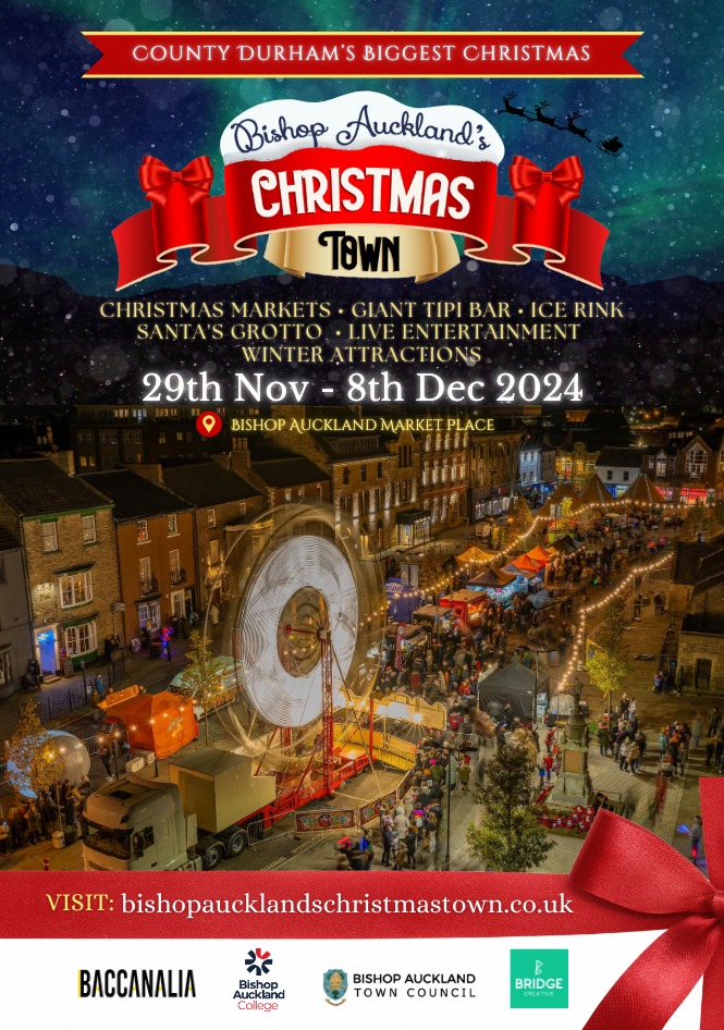 Bishop Auckland Christmas Town Poster. Bishop Auckland Market Place, 29th November - 8th December 2024